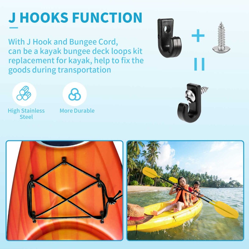 CLIO Kayak Deck Rigging Kit 8 Feet Bungee Cord with Bungee Cord Ends Hooks and Tie Down Pad Eye with Screw and 6 J-Hooks for Kayak Boat Canoe Accessory Outfitting Fishing Storage Bungee Kit - Image 5